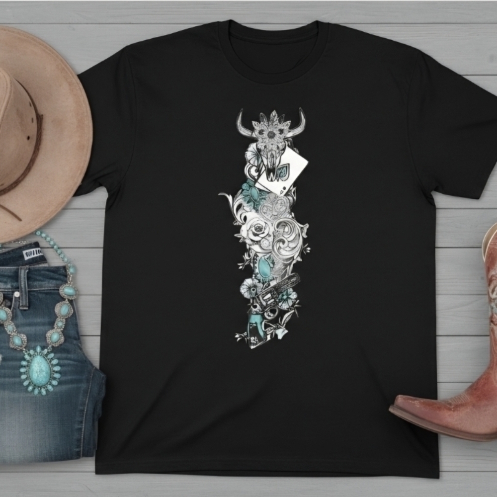 Western Gothic Sunflower Skull Tee | Boho Cowgirl Graphic Shirt | Black Unisex